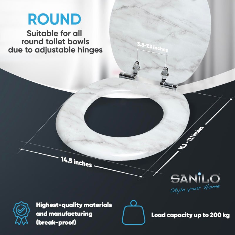 SANILO Wooden Toilet Seat with Soft Close [ROUND] - Decorative, Quiet & Slow Close Molded Wood Seat - With Strong Bumpers & Hinges - Adjustable Fit â€“ Marble - Image 3